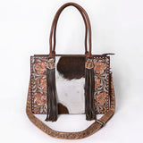 ADBG1718 Tooled Leather & Cowhide Western Tote Bag with Fringe and Floral Embroidery