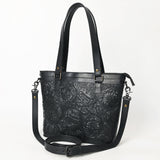ADBGZ783A Hand-Tooled Black Leather Tote Bag - Western Floral Design with Detachable Strap