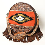 ADBGA486 American Darling Canteen Crossbody Bag Hand-Tooled Leather & Cowhide Western Round Purse