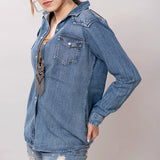 LC-ADSH025 Genuine Leather Hand Tooled Women 100% Cotton Denim Shirt Jacket Dress