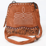 ADBG1659 Tan Suede Saddle Crossbody Bag with Tooled Leather & White Embroidery