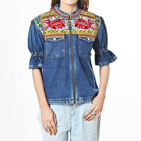 ADJKT091 American Darling Embroidered Denim Fabric Short Sleeve Zip Up Apparel Jacket