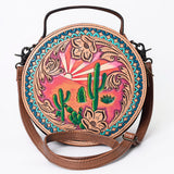 LC-ADBG1192 Round Western Leather Crossbody Bag - Painted Desert Sunrise & Cactus Tooled Scene