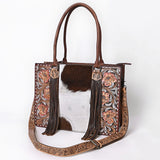 ADBG1718 Tooled Leather & Cowhide Western Tote Bag with Fringe and Floral Embroidery