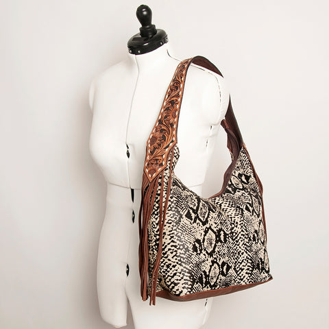 ADBGA223 American Darling Hand Tooled Leather Hair-On Cowhide Fringe Hobo Bag