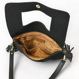 ADBGA906 Black Suede Crossbody Bag – Tooled Leather Inlay with Fringe & Concho Studs