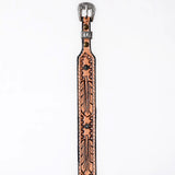 ADHTBR108 Tooled Natural Leather Western Hatband with Feather Pattern & Silver Buckle
