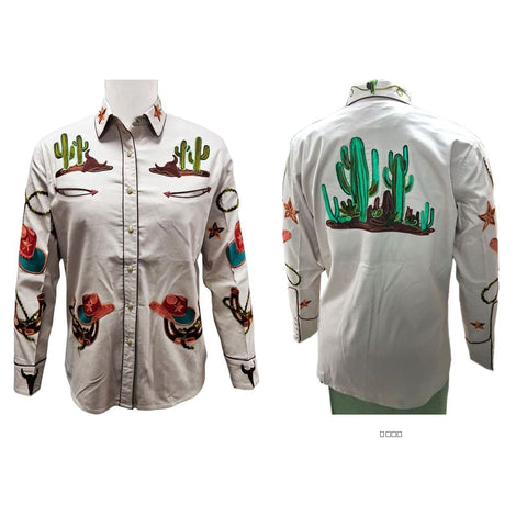 ADSH045 American Darling Ivory Western Apparel - Embroidered Cotton Lycra Cowboy Motif Shirt