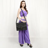 ADBG1437B Black Handtooled Leather Messenger Bag - Western Floral Satchel