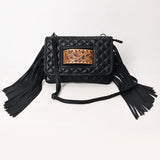 ADBG1665 Black Quilted Wallet Bag with Tooled Leather Patch & Fringe