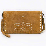 ADBG1717 Suede Leather Wallet Bag with White Western Stitch Embroidery