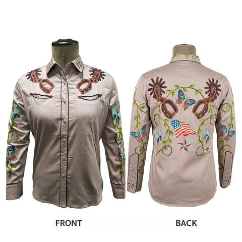 ADSH049 American Darling Light Mauve Western Apparel - Embroidered Cotton Satin Butterfly Shirt