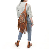 ADBG1568A Hand-Tooled Leather Fringe Sling Bag – Western Floral & Inlay