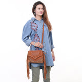 ADBG1657 Tan Suede Crossbody Bag with Scalloped Flap, Tooled Leather & Fringe