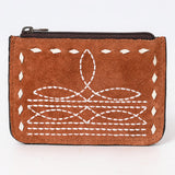 ADBG1655 Tan Suede Card Holder with White Embroidery & Zip Closure