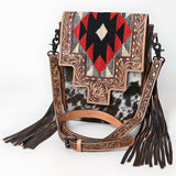 ADBG1786 Southwestern Tooled Leather & Cowhide Crossbody Bag with Fringe and Wool Flap