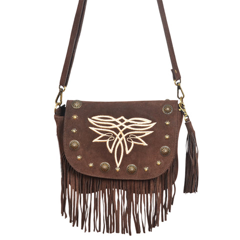 ADBGA836 American Darling Genuine Suede Leather Fringe Cross body Bag with Embroidery