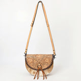 ADBG1529 Round Tooled Leather Saddle Bag - Floral Cowhide Crossbody with Ring-Tie Closure