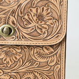 ADBG1630 Tooled Floral Leather Crossbody Bag with Antique Brass Turn Lock & Chain Strap