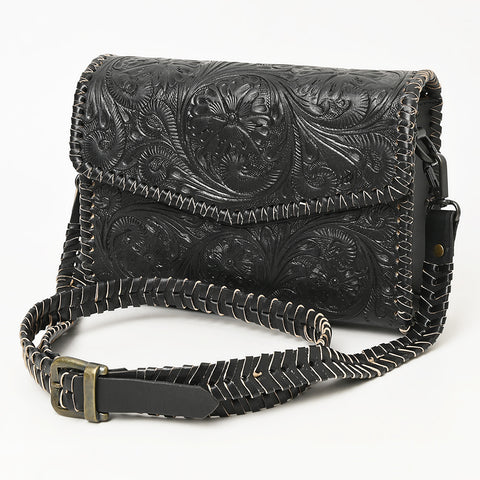 ADBGZ752B Black Hand Tooled Leather Crossbody Bag - Western Floral Whipstitch Purse