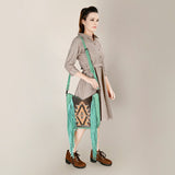 ADBG1199 Mint Fringe Leather Crossbody Bag - Tooled Aztec Design with Gemstone Accents