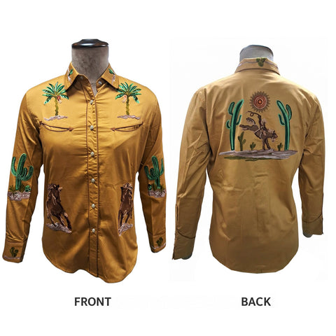 ADSH050 American Darling Mustard Western Apparel - Embroidered Cotton Satin Horse Motif Shirt