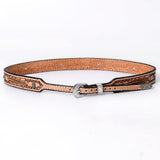 ADHTBR108 Tooled Natural Leather Western Hatband with Feather Pattern & Silver Buckle
