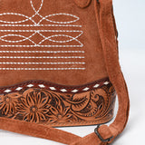 ADBG1659 Tan Suede Saddle Crossbody Bag with Tooled Leather & White Embroidery