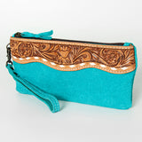 LC-ADBG344 Embossed Leather Wristlet Western Fringe Clutch with Tooled Floral Design