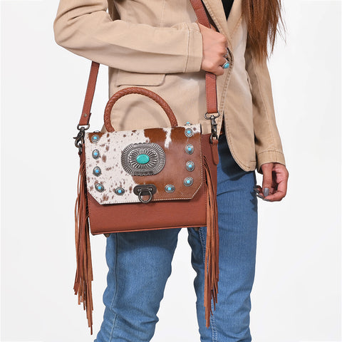 ADBG983 American Darling Cowhide Western Leather Messenger Bag with Fringes