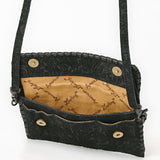 ADBG1645 Black Floral Embossed Leather Clutch Crossbody Bag with Whipstitch Trim