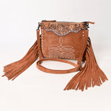 ADBG1648 Brown Suede Fringe Crossbody Bag with Tooled Leather Yoke & White Embroidery