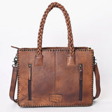 ADBG1173 Floral Hand-Tooled Leather Tote Bag - Braided Handles & Adjustable Strap