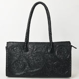 ADBGZ833A Black Hand-Tooled Leather Western Tote bag Braided Handles & Floral Carving