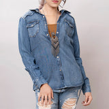LC-ADSH025 Genuine Leather Hand Tooled Women 100% Cotton Denim Shirt Jacket Dress