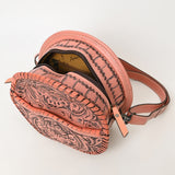 ADBG1461 Round Natural Hand-Tooled Leather Canteen Bag - Floral Whipstitch Western Style