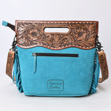 ADBG1584 Suede & Tooled Leather Western Fringe Bag - Embroidered Crossbody with Cutout Handle