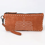 ADBG1652 Tan Suede Wristlet Pouch with White Embroidery & Zip Closure