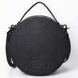 ADBG1604 Round Black Leather Canteen Bag with Floral Tooled Border & Embossed Center