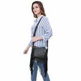 ADBG1579 Black Crocodile Embossed Leather Fringe Crossbody Bag