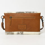 ADBG1497 Hair-On Cowhide & Tooled Leather Crossbody Clutch - Western Turn-Lock Flap