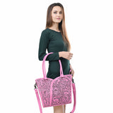 ADBG1473C Pink Hand-Tooled Leather Tote Bag - Western Floral Dual Strap by American Darling