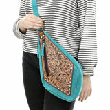 ADBGA578 Turquoise Genuine Leather Sling Bag Hand-Tooled Western Design