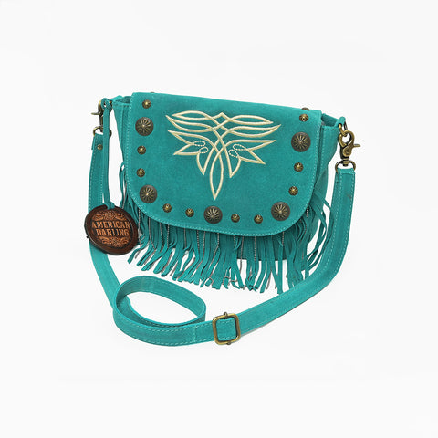 ADBGA836 American Darling Genuine Suede Leather Fringe Cross body Bag with Embroidery