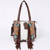 ADBG1086 Western Cowhide Fringe Tote Bag with Tooled Leather Straps-Handcrafted by American Darling