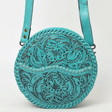 ADBG1461 Round Natural Hand-Tooled Leather Canteen Bag - Floral Whipstitch Western Style