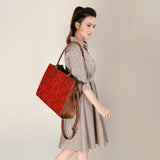 ADBG1317 Red Tooled Leather Western Tote Bag - Floral Hand-Carved Shoulder Purse