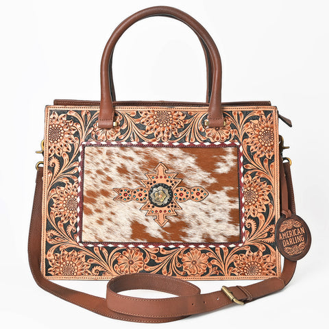 ADBGA980 American Darling Western Hand Tooled Floral Tote Bag with Hair-On Cowhide & Concho
