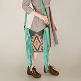 ADBG1199 Mint Fringe Leather Crossbody Bag - Tooled Aztec Design with Gemstone Accents