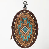 ADBG1411 Round Hand-Tooled Leather Coin Pouch - Western Aztec Design